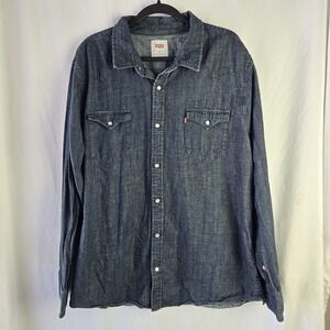 Levi's Western Dark Blue Denim Shirt Pearl Snap Mens XXL Bat Wing Rodeo Ranch